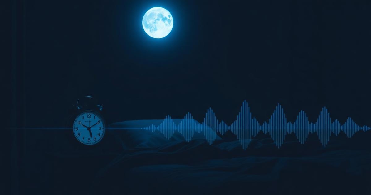 Editorial illustration of a man sleeping peacefully at night with a subtle testosterone molecule motif in the background — sleep and testosterone connection