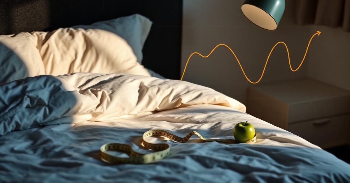 Editorial illustration of a person sleeping peacefully with a subtle scale and metabolism motif — sleep and weight loss connection
